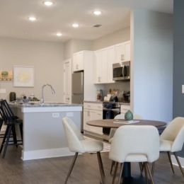 kitchen with ample counter-space, modern appliances and bright lighting